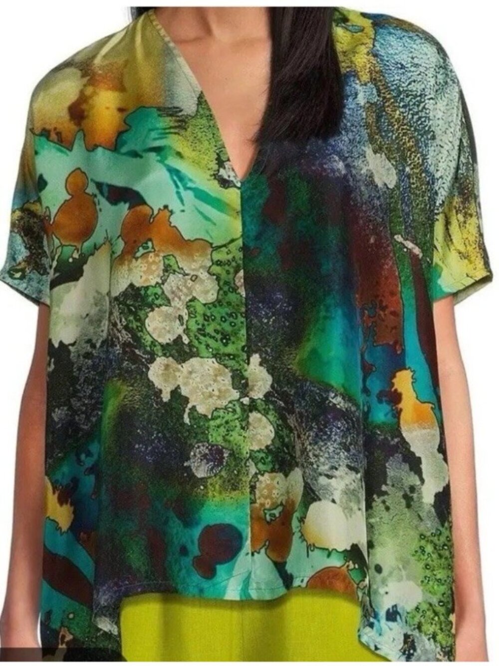 BRYN WALKER Watercolor TUNIC SILK FLORAL TUNIC TOP, SIZE M Artsy Lagenlook Gg